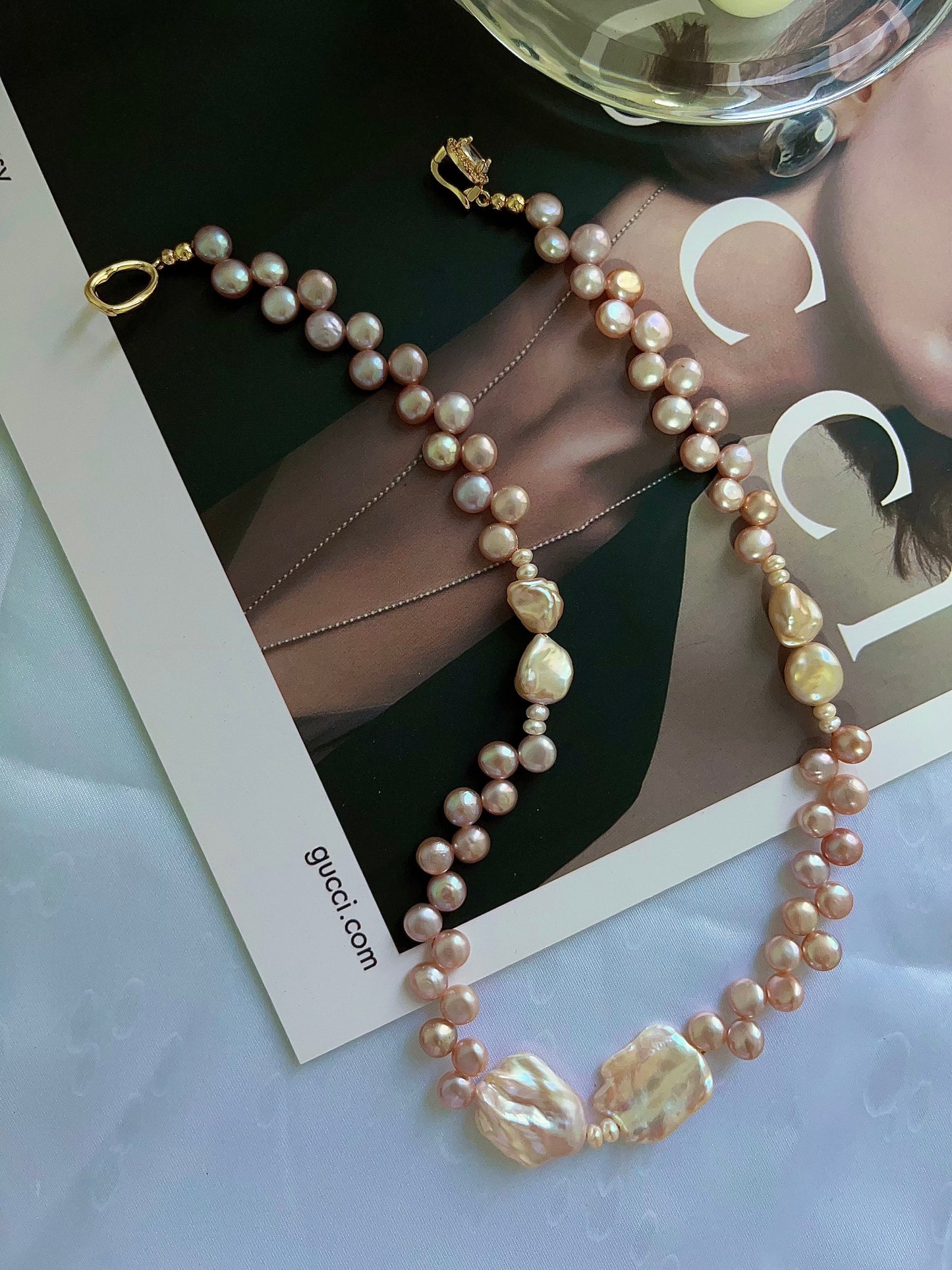 #PN1201 freshwater pearl necklace lace bun pearl champagne stone baroque big lustrous petal