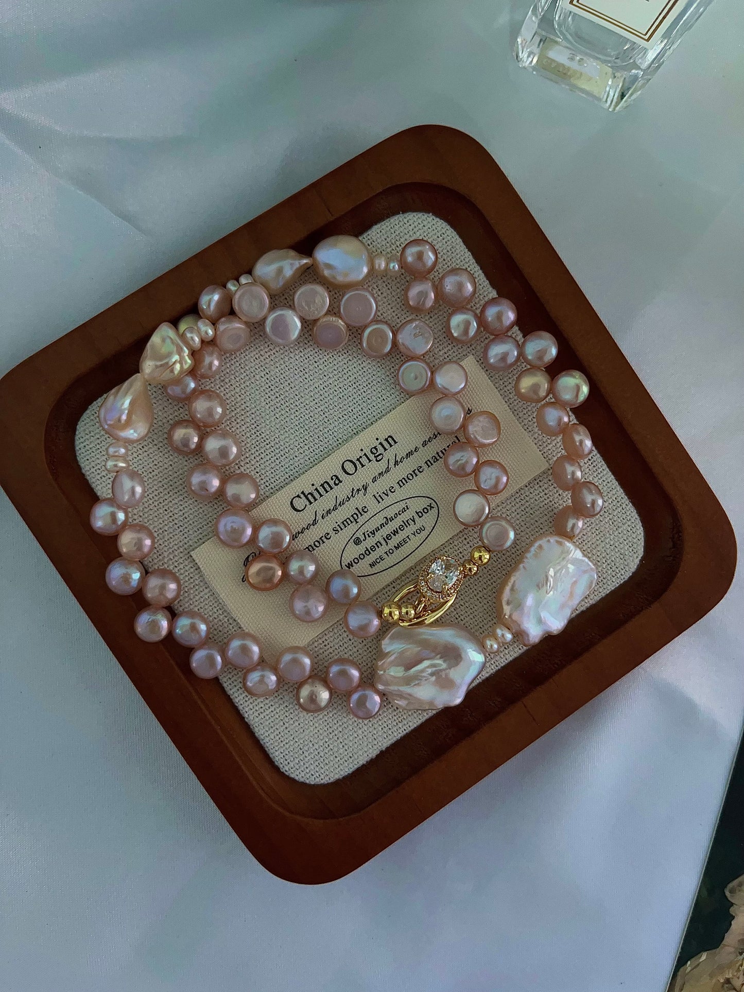 #PN1201 freshwater pearl necklace lace bun pearl champagne stone baroque big lustrous petal