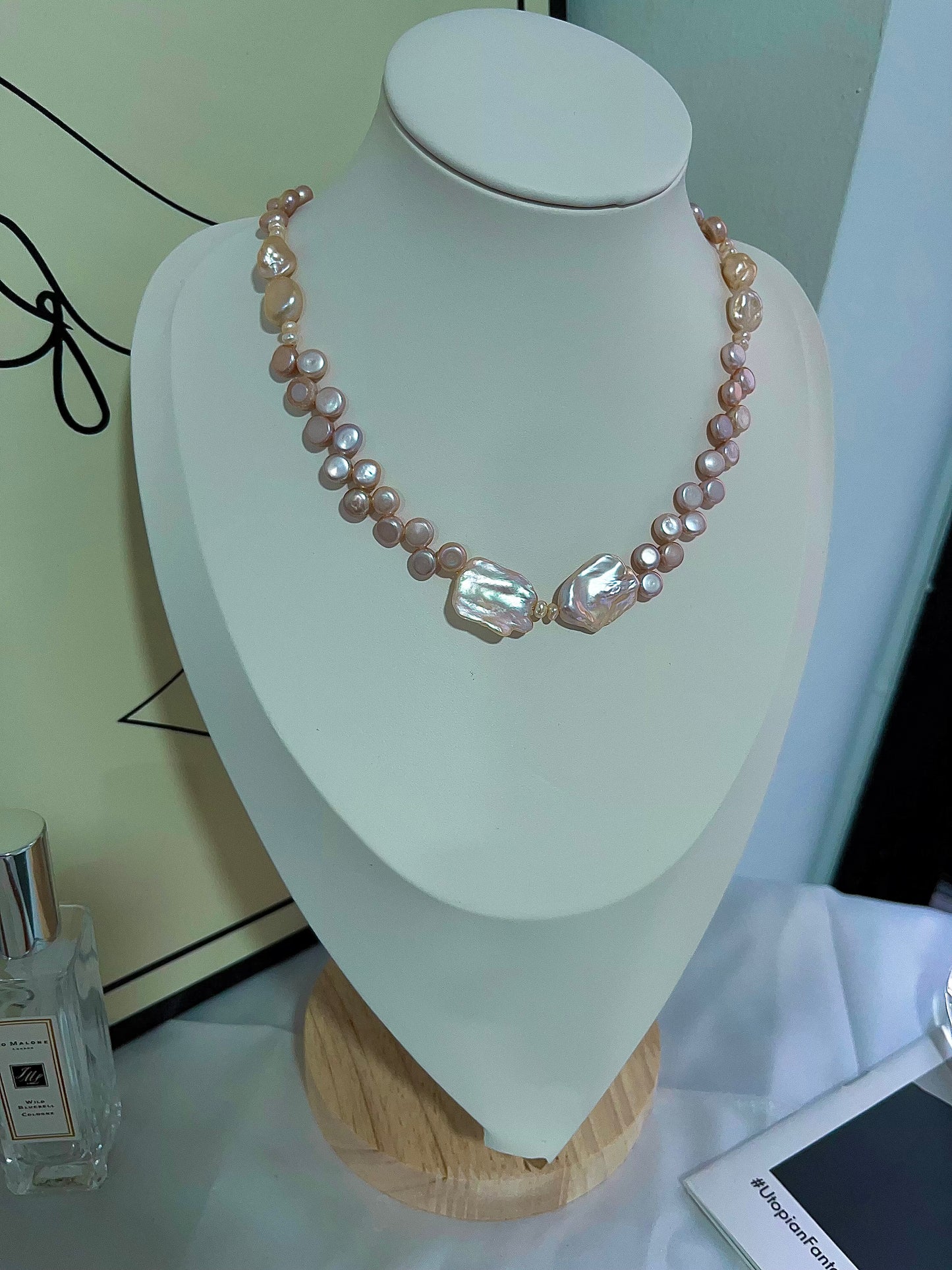 #PN1201 freshwater pearl necklace lace bun pearl champagne stone baroque big lustrous petal