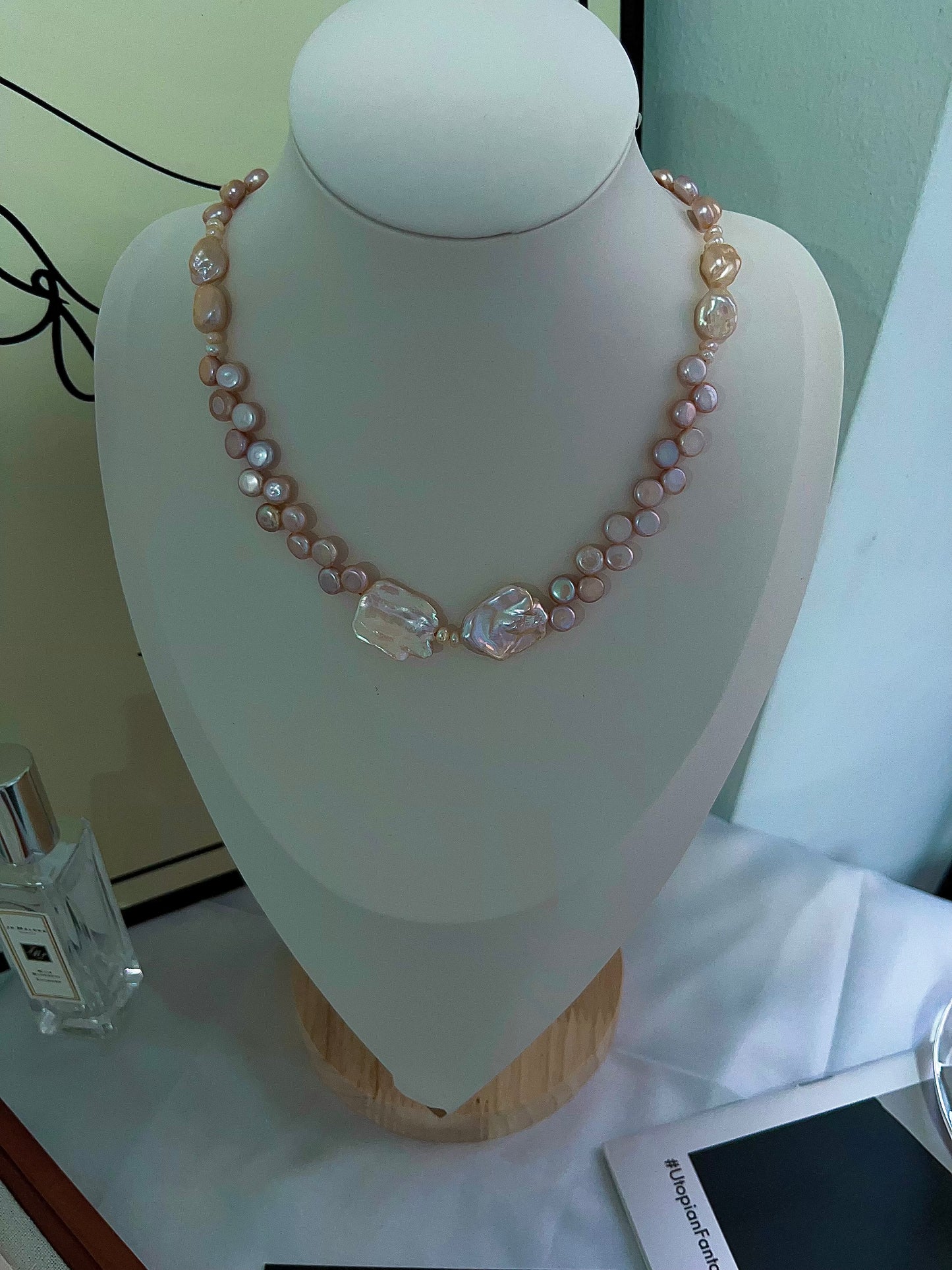 #PN1201 freshwater pearl necklace lace bun pearl champagne stone baroque big lustrous petal