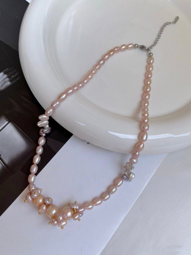 #PN161 [Floral Series] Champagne Bubbles |Freshwater Pearl Necklace |Baroque Pearl |Purple Petal Pearl |Lustrous