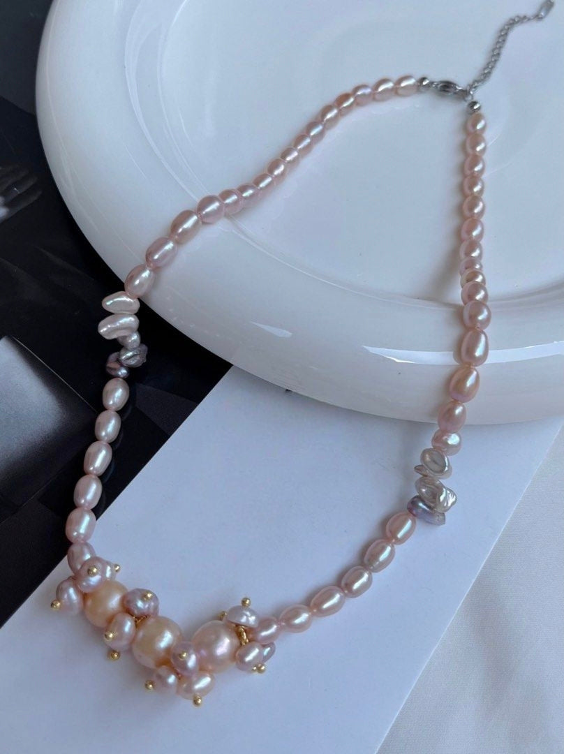 #PN161 [Floral Series] Champagne Bubbles |Freshwater Pearl Necklace |Baroque Pearl |Purple Petal Pearl |Lustrous
