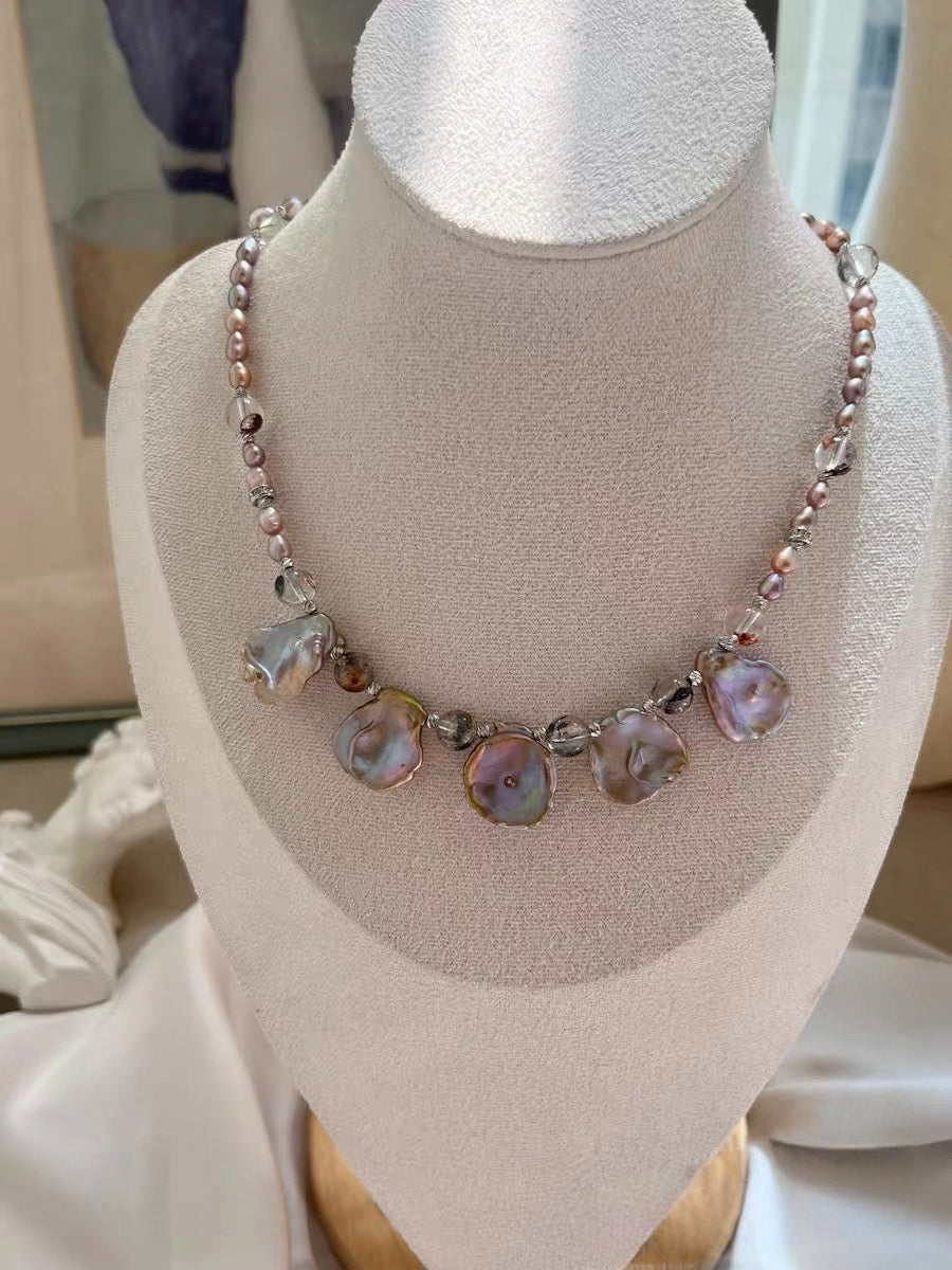 #PN1194 Freshwater Pearl Necklace prehnite aquamarine agate herkimer vintage brown petals fishtail baroque