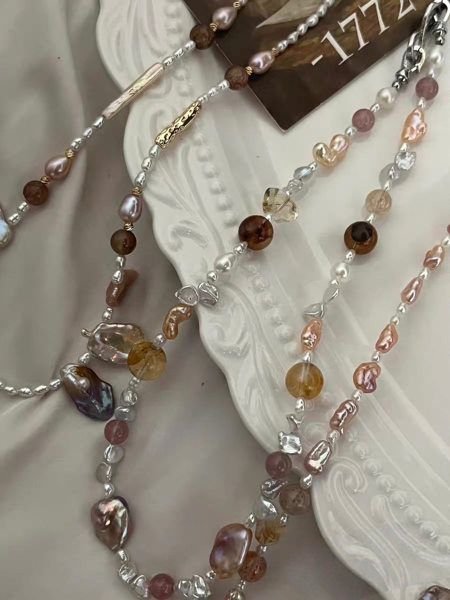 #PN1192 Freshwater Pearl Necklace Fire Quartz Citrine Black Gold Super 7 Strawberry Quartz Opal Removable Pendant Petal Baroque Lustrous