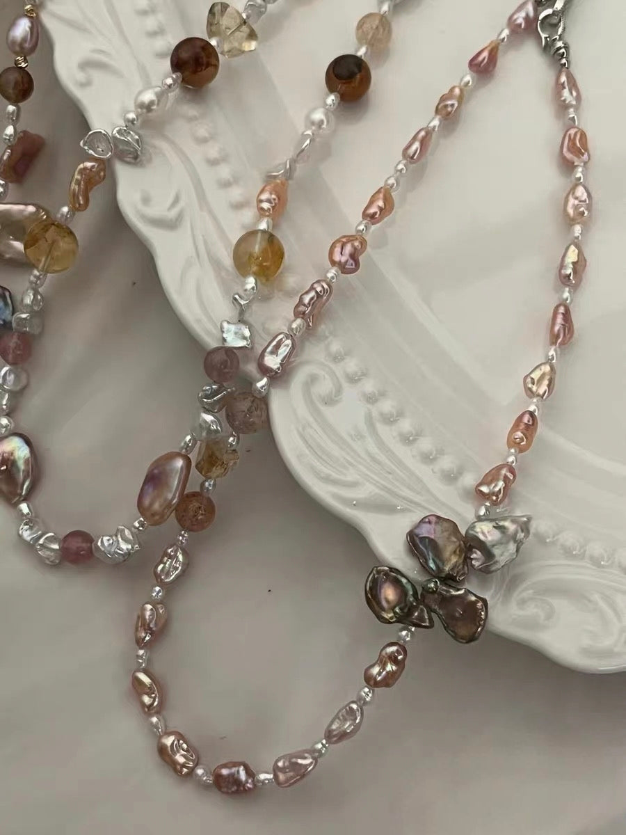 #PN1192 Freshwater Pearl Necklace Fire Quartz Citrine Black Gold Super 7 Strawberry Quartz Opal Removable Pendant Petal Baroque Lustrous