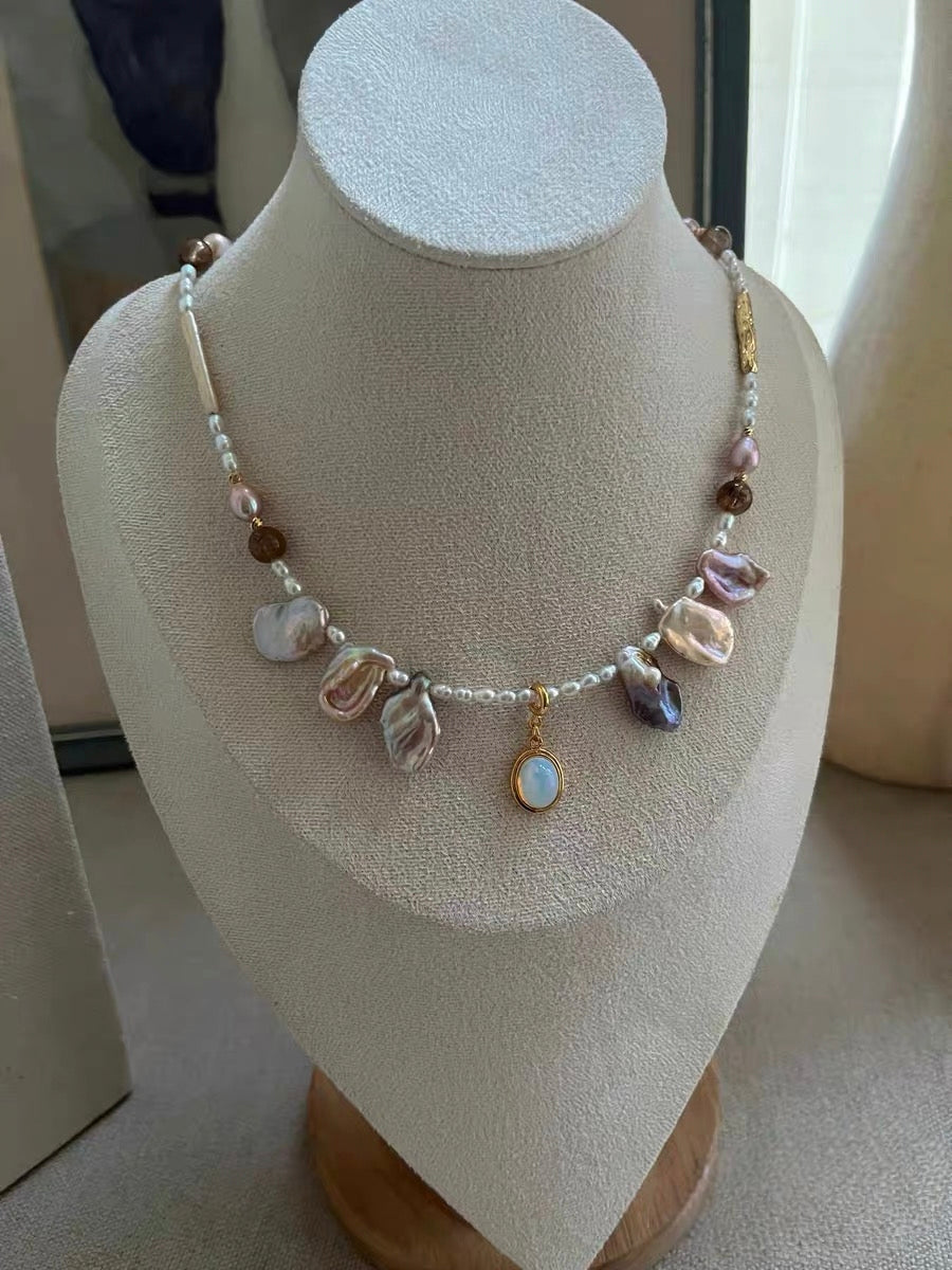 #PN1192 Freshwater Pearl Necklace Fire Quartz Citrine Black Gold Super 7 Strawberry Quartz Opal Removable Pendant Petal Baroque Lustrous