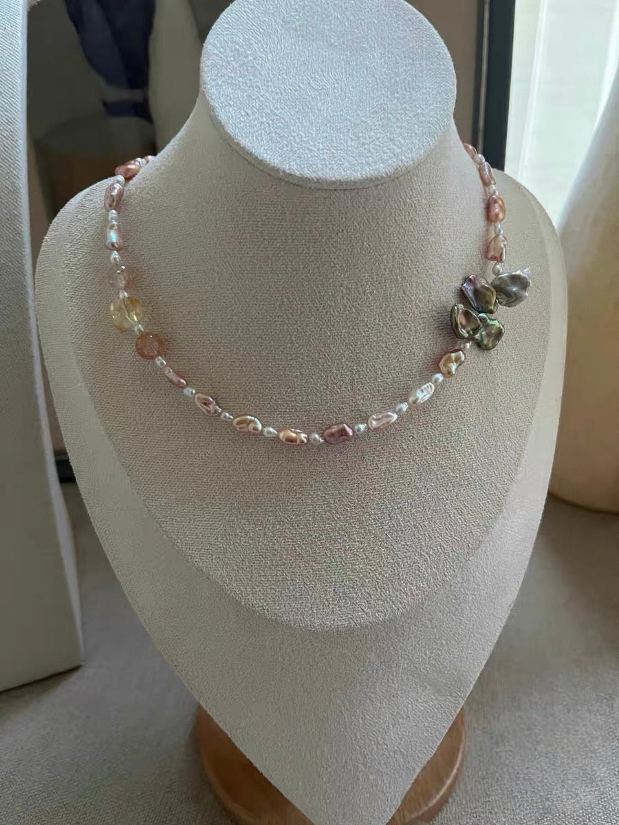 #PN1192 Freshwater Pearl Necklace Fire Quartz Citrine Black Gold Super 7 Strawberry Quartz Opal Removable Pendant Petal Baroque Lustrous