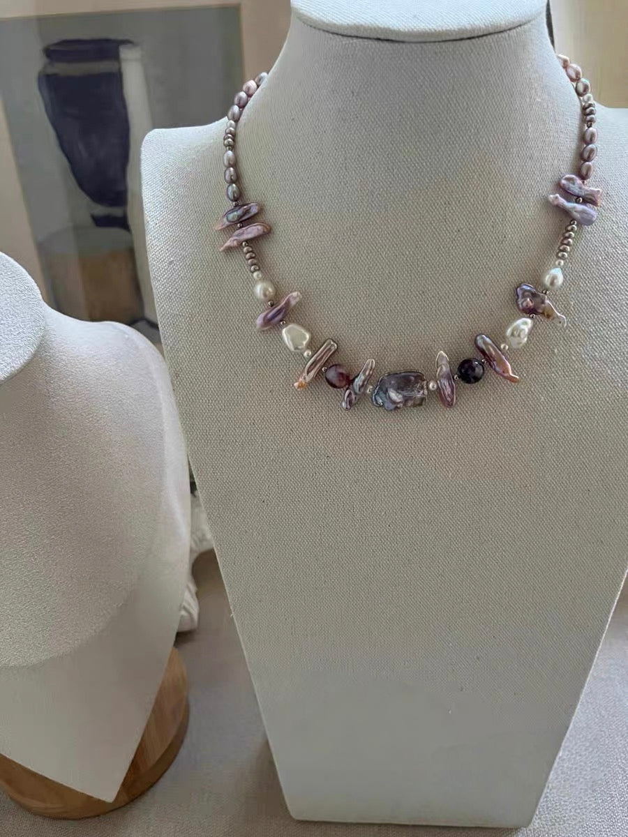 #PN1193 Freshwater Pearl necklace lute baroque lepidolite big petal pearl lustrous 44cm