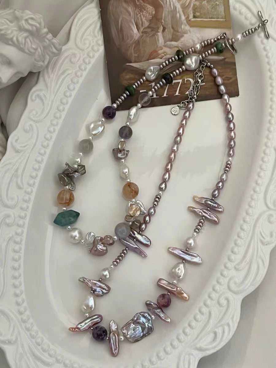 #PN1193 Freshwater Pearl necklace lute baroque lepidolite big petal pearl lustrous 44cm