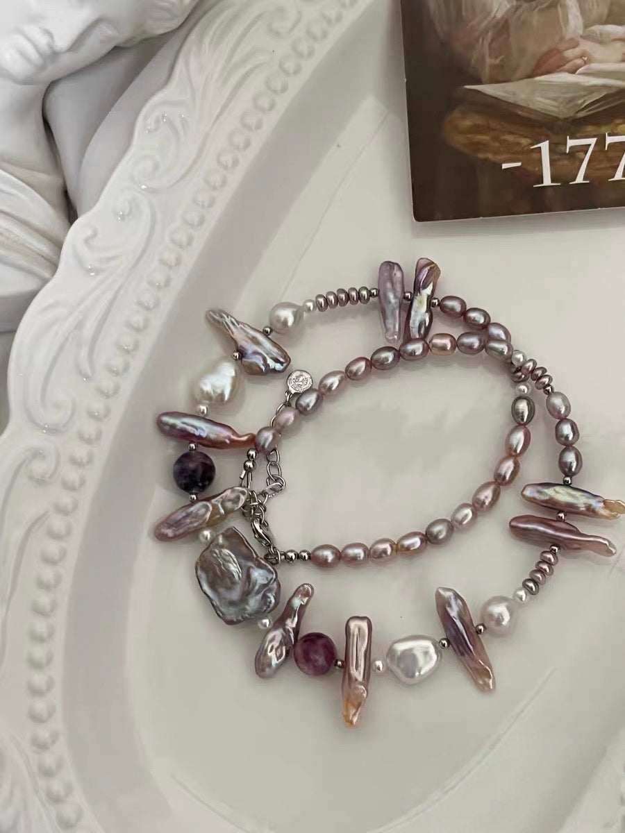 #PN1193 Freshwater Pearl necklace lute baroque lepidolite big petal pearl lustrous 44cm