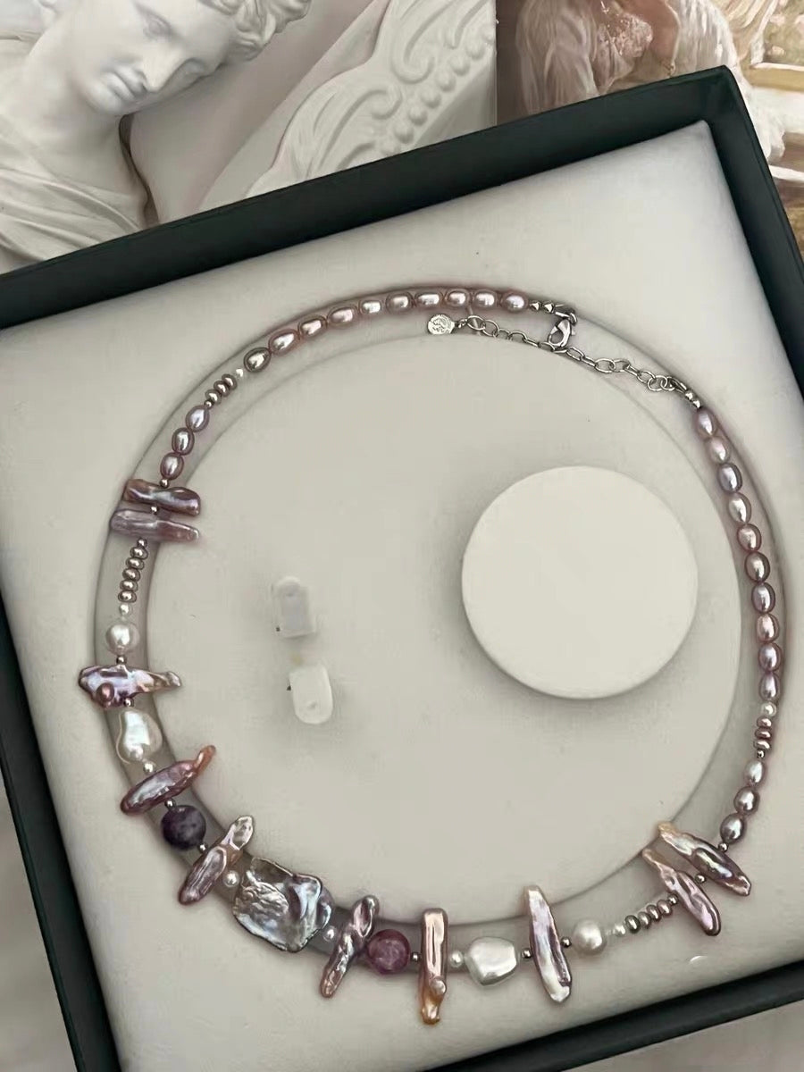 #PN1193 Freshwater Pearl necklace lute baroque lepidolite big petal pearl lustrous 44cm