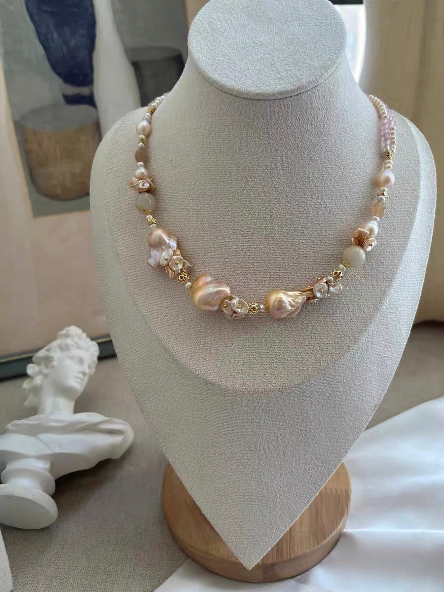 #PN1190 [Floral Series] Freshwater Pearl Necklace Double Layer Rose Quartz Lustrous Fishtail Baroque Champagne Gold Pink Purple Heart Clasp Butterfly Clasp