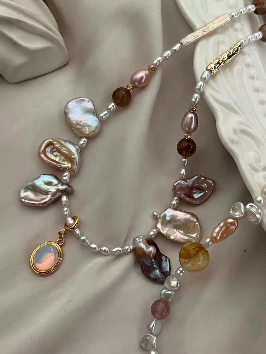 #PN1192 Freshwater Pearl Necklace Fire Quartz Citrine Black Gold Super 7 Strawberry Quartz Opal Removable Pendant Petal Baroque Lustrous