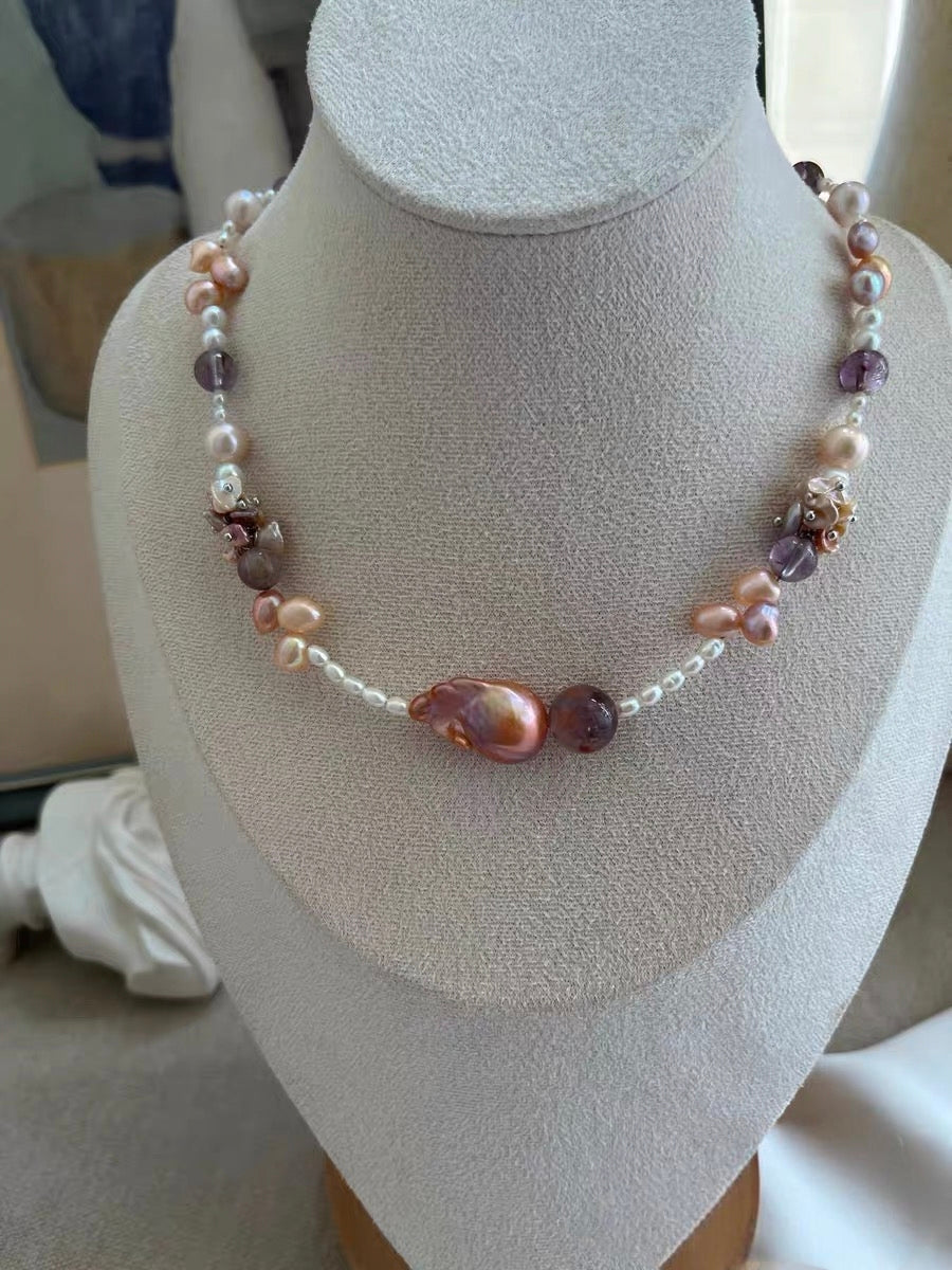 #PN1189 [Floral Series] Freshwater Pearl Necklace Zircon Butterfly Clasp Clover MOP Clasp Golden Lustrous Fishtail Baroque Fire Quartz Lepidolite Rose Quartz Cube Lace Pattern