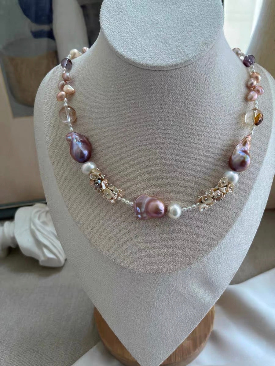 #PN1189 [Floral Series] Freshwater Pearl Necklace Zircon Butterfly Clasp Clover MOP Clasp Golden Lustrous Fishtail Baroque Fire Quartz Lepidolite Rose Quartz Cube Lace Pattern