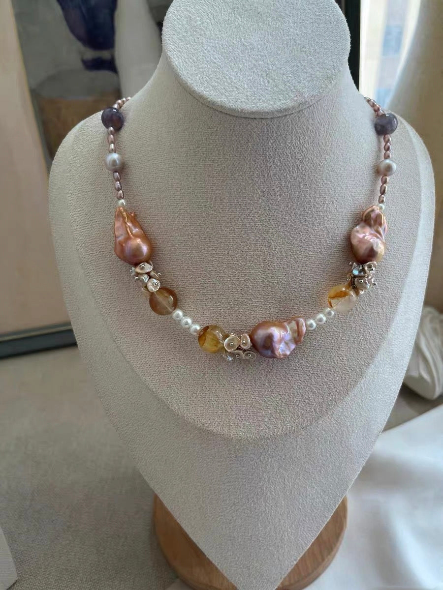 #PN1189 [Floral Series] Freshwater Pearl Necklace Zircon Butterfly Clasp Clover MOP Clasp Golden Lustrous Fishtail Baroque Fire Quartz Lepidolite Rose Quartz Cube Lace Pattern