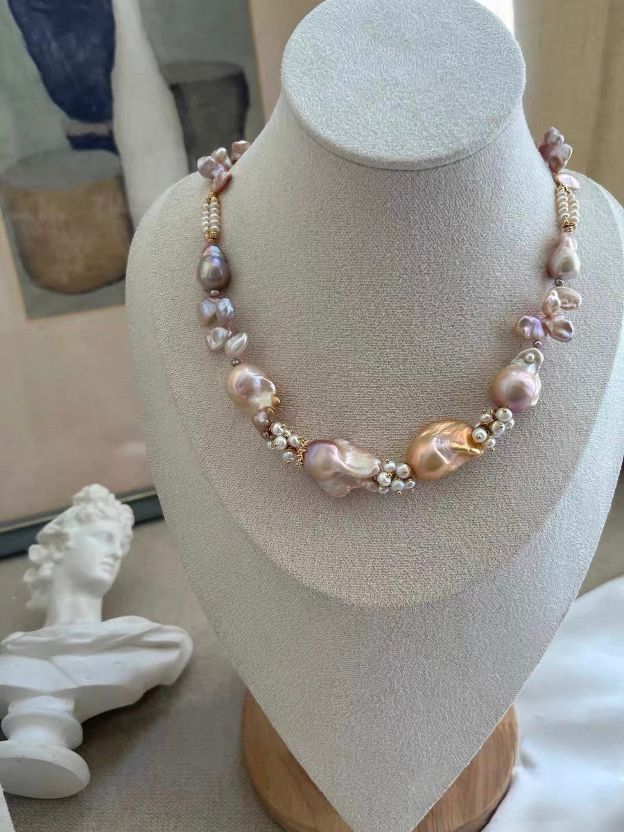 #PN1190 [Floral Series] Freshwater Pearl Necklace Double Layer Rose Quartz Lustrous Fishtail Baroque Champagne Gold Pink Purple Heart Clasp Butterfly Clasp