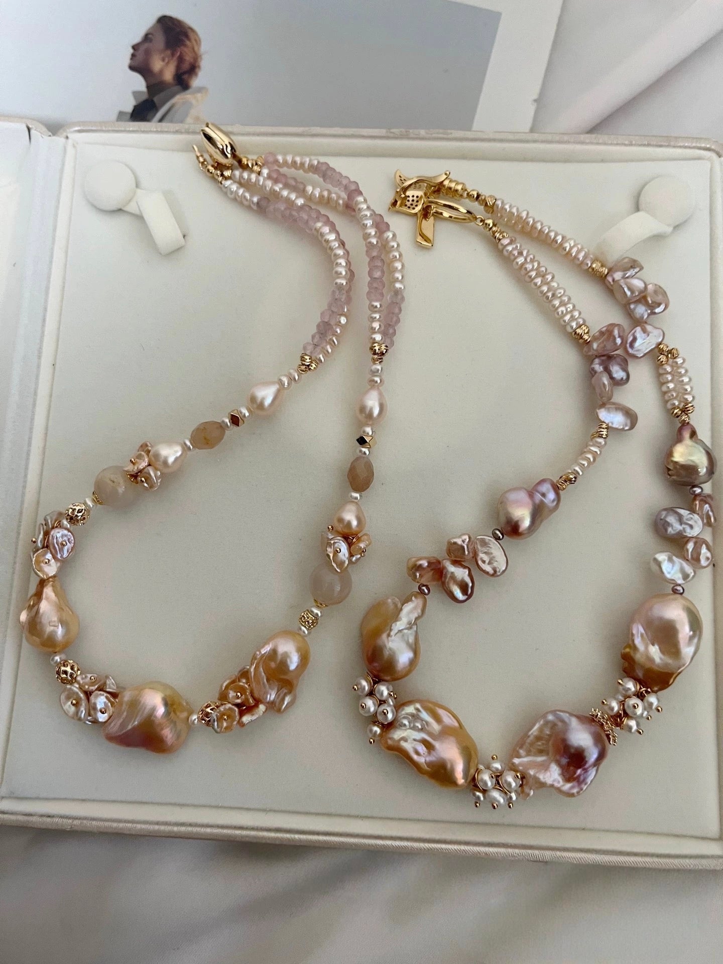 #PN1190 [Floral Series] Freshwater Pearl Necklace Double Layer Rose Quartz Lustrous Fishtail Baroque Champagne Gold Pink Purple Heart Clasp Butterfly Clasp