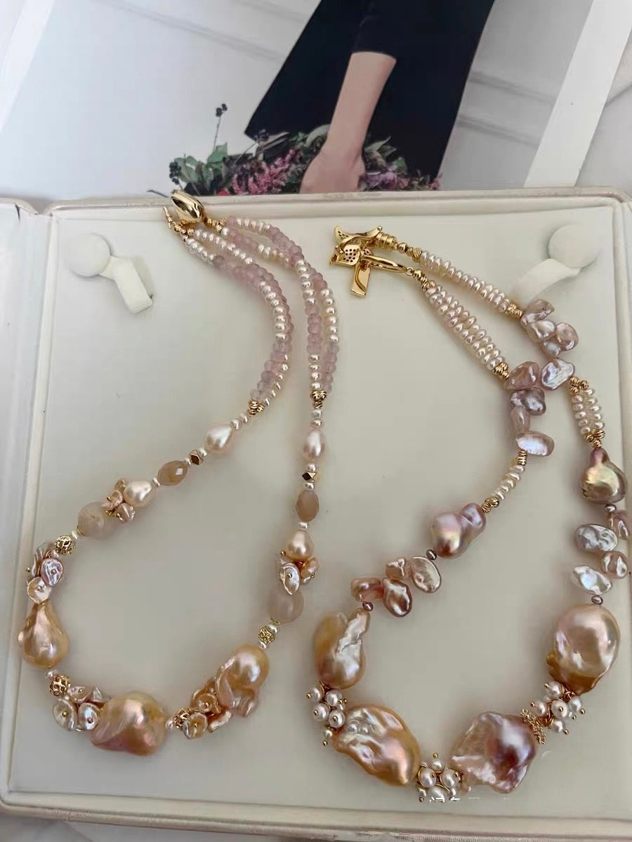 #PN1190 [Floral Series] Freshwater Pearl Necklace Double Layer Rose Quartz Lustrous Fishtail Baroque Champagne Gold Pink Purple Heart Clasp Butterfly Clasp