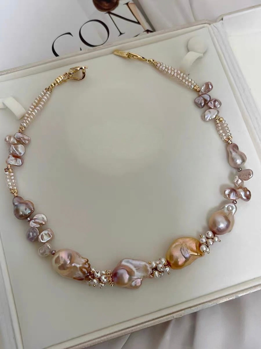 #PN1190 [Floral Series] Freshwater Pearl Necklace Double Layer Rose Quartz Lustrous Fishtail Baroque Champagne Gold Pink Purple Heart Clasp Butterfly Clasp