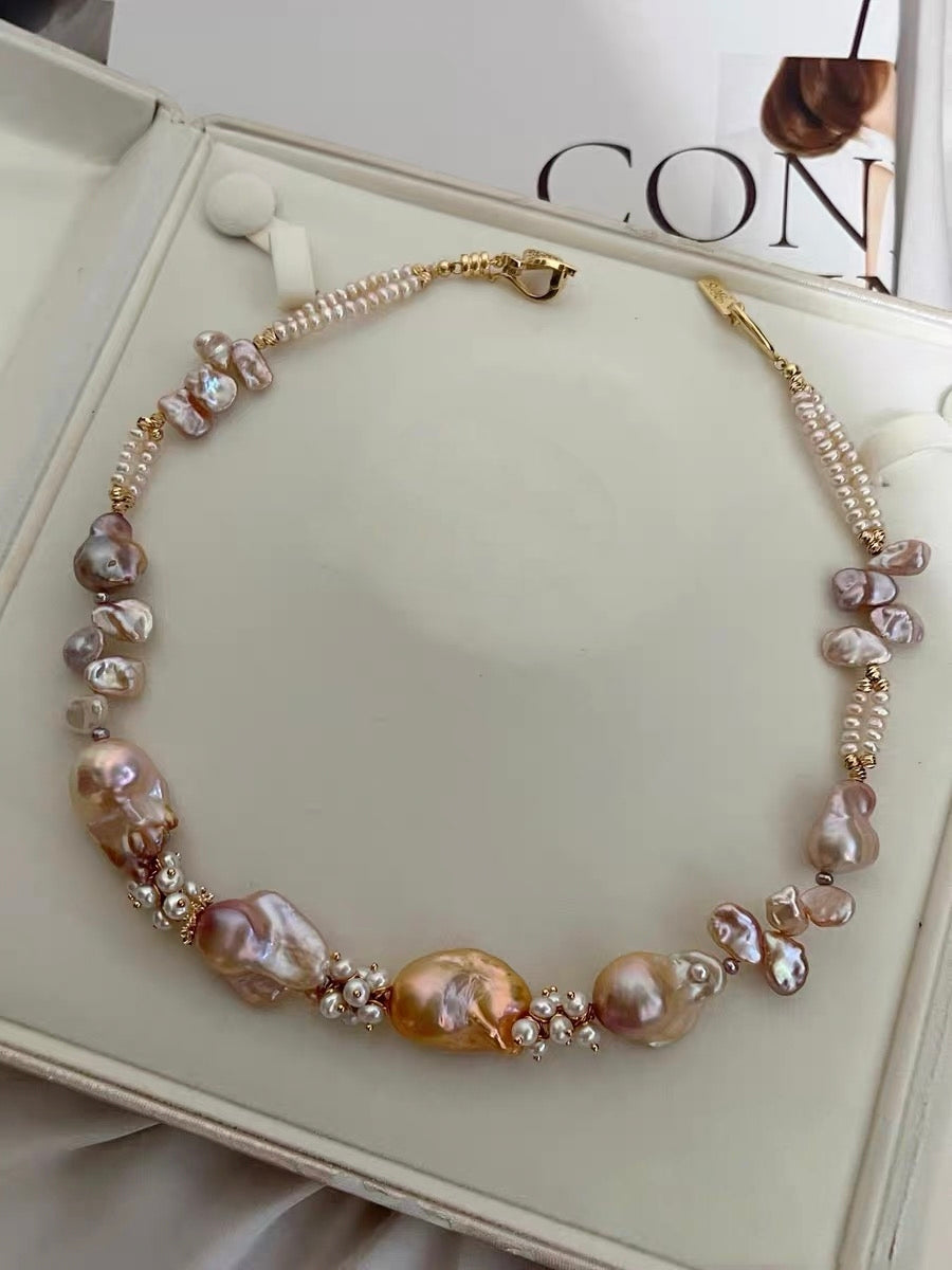 #PN1190 [Floral Series] Freshwater Pearl Necklace Double Layer Rose Quartz Lustrous Fishtail Baroque Champagne Gold Pink Purple Heart Clasp Butterfly Clasp