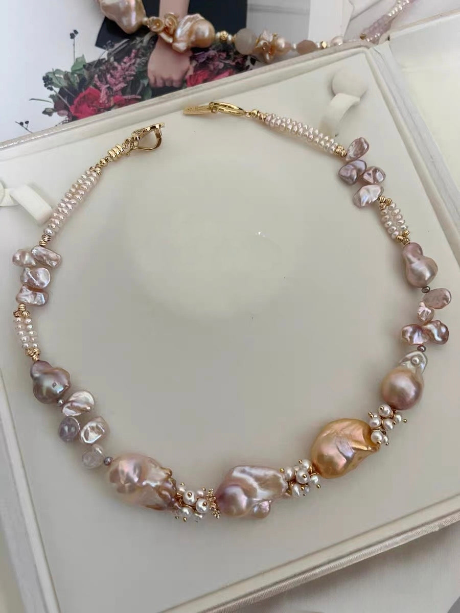 #PN1190 [Floral Series] Freshwater Pearl Necklace Double Layer Rose Quartz Lustrous Fishtail Baroque Champagne Gold Pink Purple Heart Clasp Butterfly Clasp