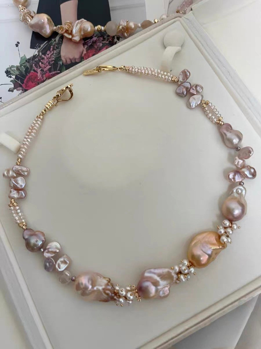 #PN1190 [Floral Series] Freshwater Pearl Necklace Double Layer Rose Quartz Lustrous Fishtail Baroque Champagne Gold Pink Purple Heart Clasp Butterfly Clasp