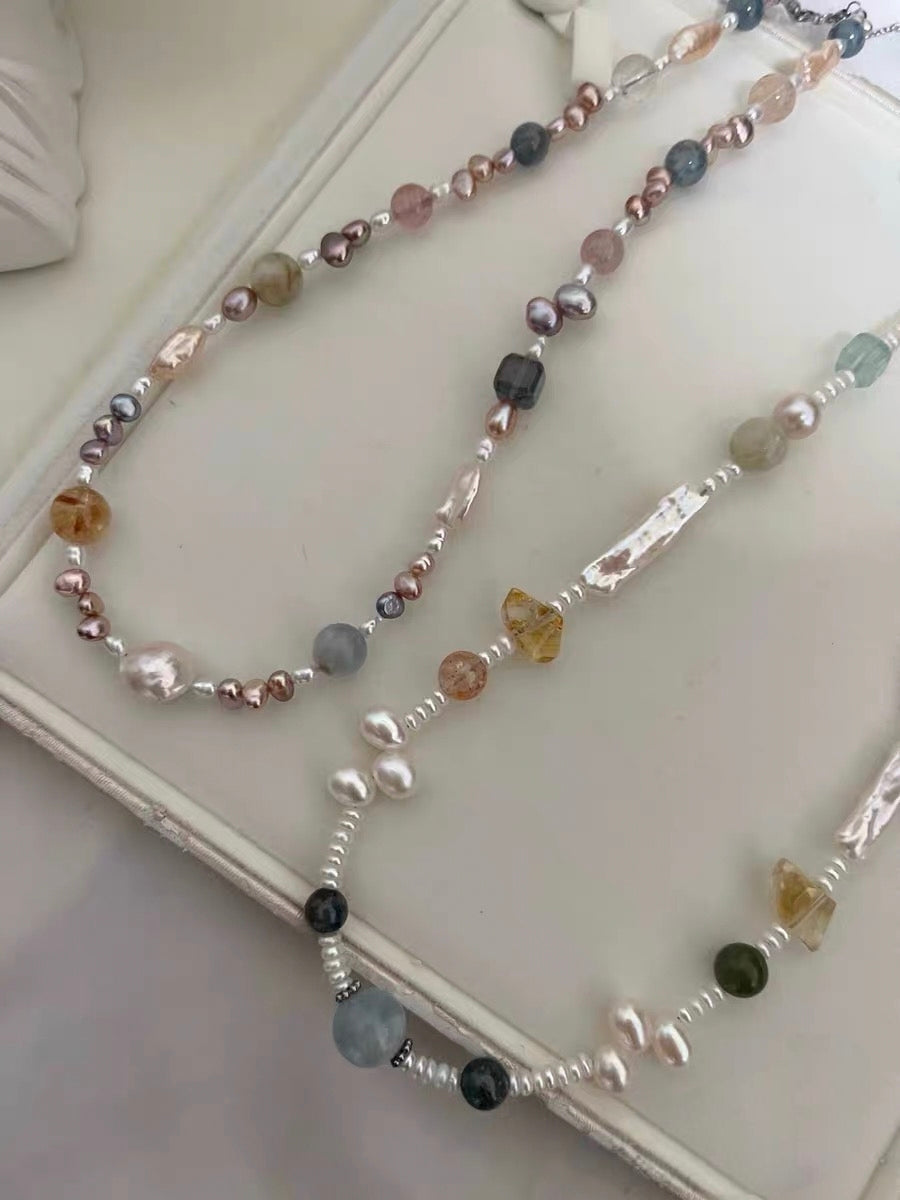 #PN1188 Freshwater Pearl Necklace Aquarium Baby Pearl Lace Design Kyanite Citrine Freeform Labradorite Cube Green Mica Fluorite