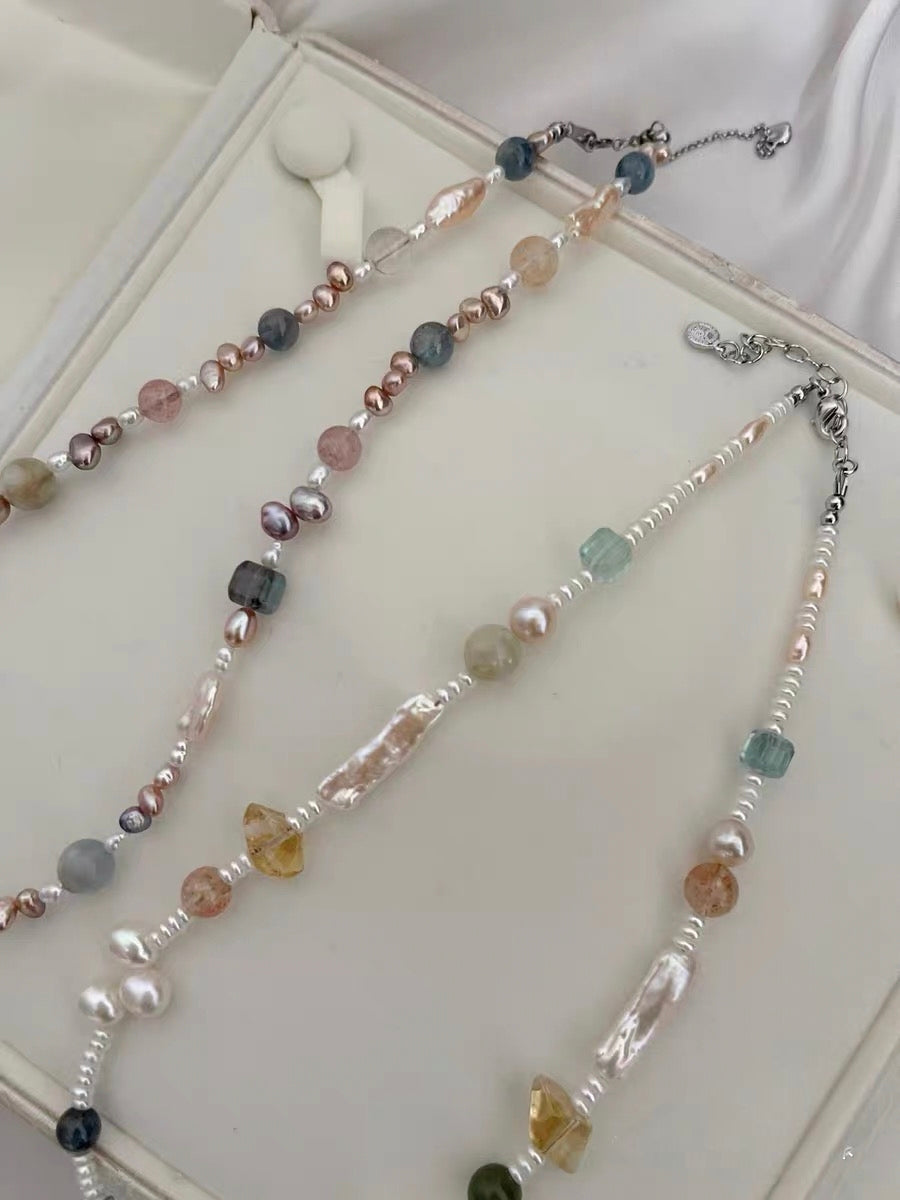 #PN1188 Freshwater Pearl Necklace Aquarium Baby Pearl Lace Design Kyanite Citrine Freeform Labradorite Cube Green Mica Fluorite