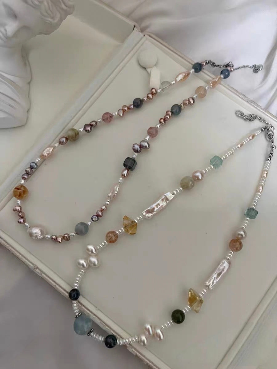 #PN1188 Freshwater Pearl Necklace Aquarium Baby Pearl Lace Design Kyanite Citrine Freeform Labradorite Cube Green Mica Fluorite