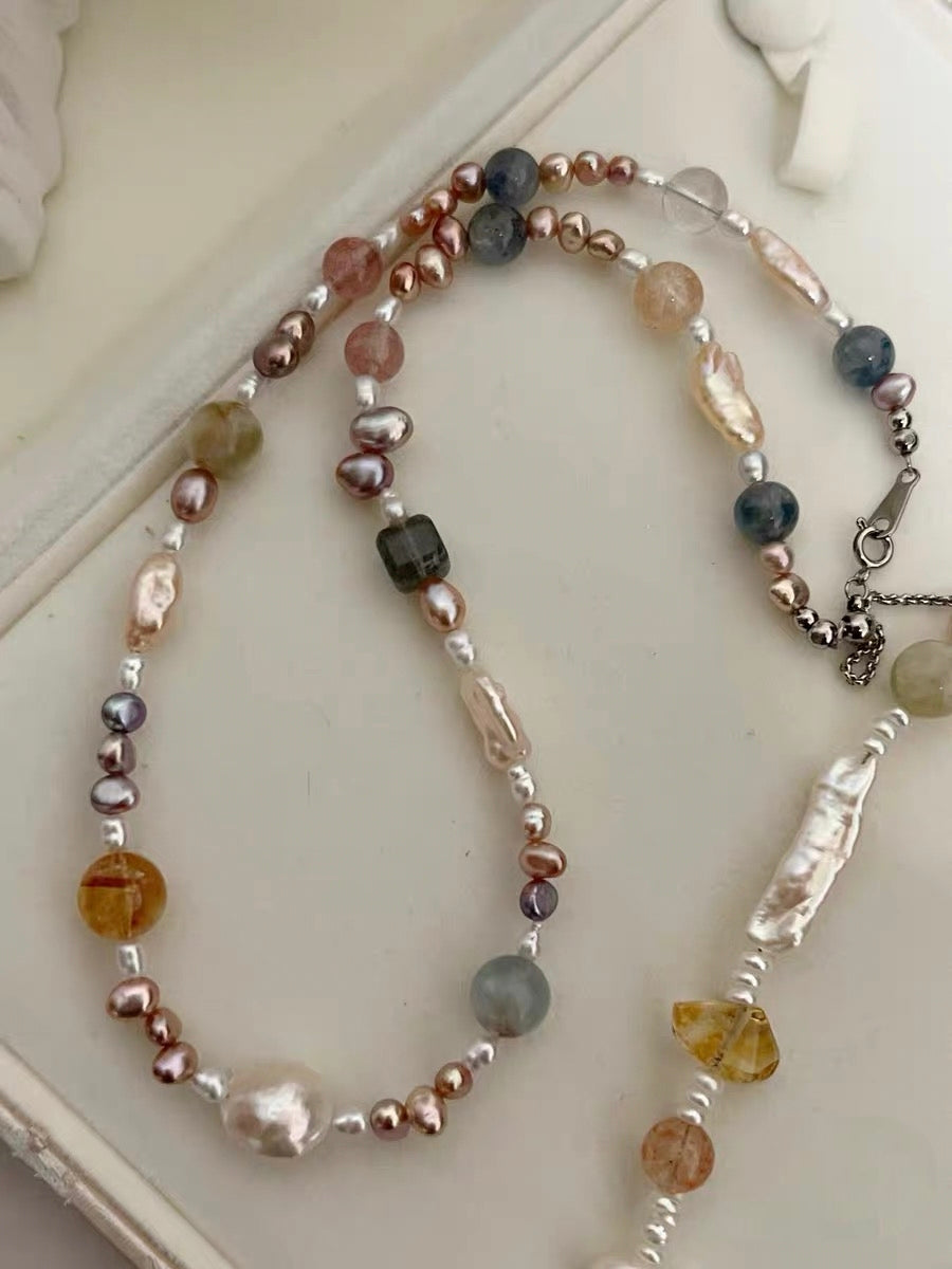 #PN1188 Freshwater Pearl Necklace Aquarium Baby Pearl Lace Design Kyanite Citrine Freeform Labradorite Cube Green Mica Fluorite