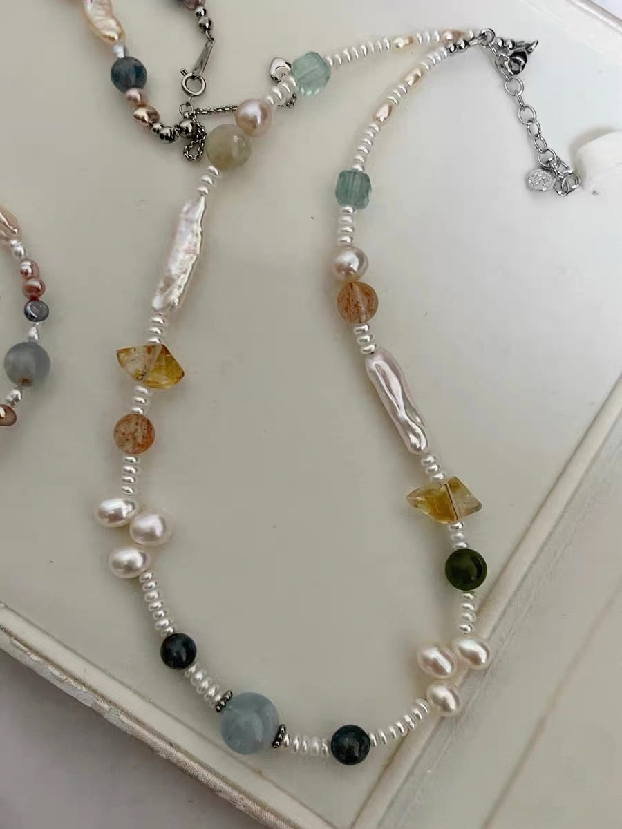 #PN1188 Freshwater Pearl Necklace Aquarium Baby Pearl Lace Design Kyanite Citrine Freeform Labradorite Cube Green Mica Fluorite