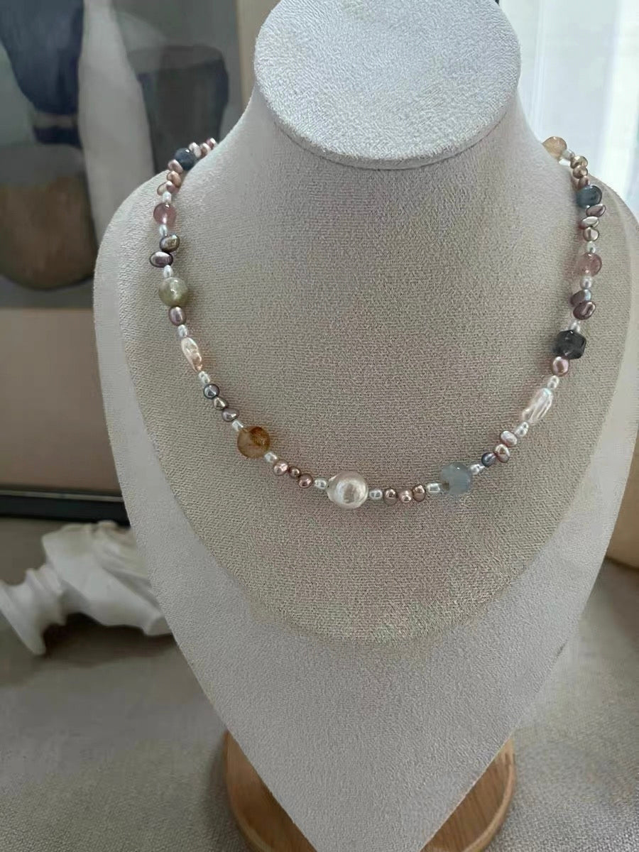 #PN1188 Freshwater Pearl Necklace Aquarium Baby Pearl Lace Design Kyanite Citrine Freeform Labradorite Cube Green Mica Fluorite