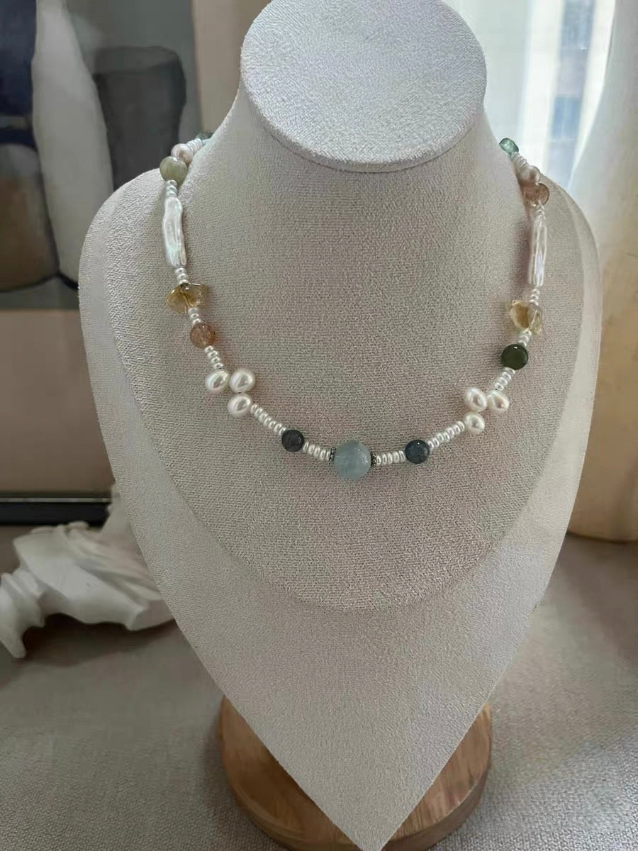 #PN1188 Freshwater Pearl Necklace Aquarium Baby Pearl Lace Design Kyanite Citrine Freeform Labradorite Cube Green Mica Fluorite