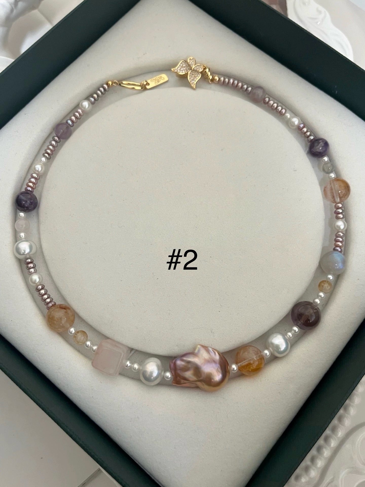 #PN1189 [Floral Series] Freshwater Pearl Necklace Zircon Butterfly Clasp Clover MOP Clasp Golden Lustrous Fishtail Baroque Fire Quartz Lepidolite Rose Quartz Cube Lace Pattern