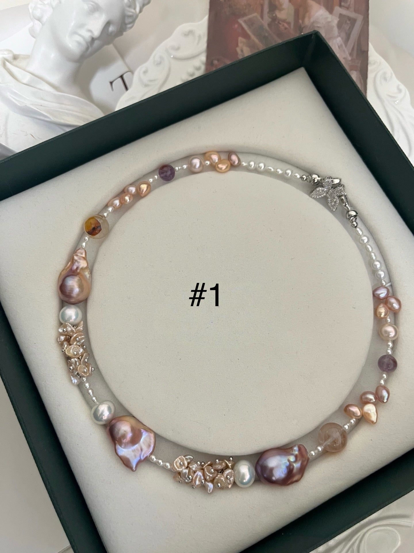#PN1189 [Floral Series] Freshwater Pearl Necklace Zircon Butterfly Clasp Clover MOP Clasp Golden Lustrous Fishtail Baroque Fire Quartz Lepidolite Rose Quartz Cube Lace Pattern