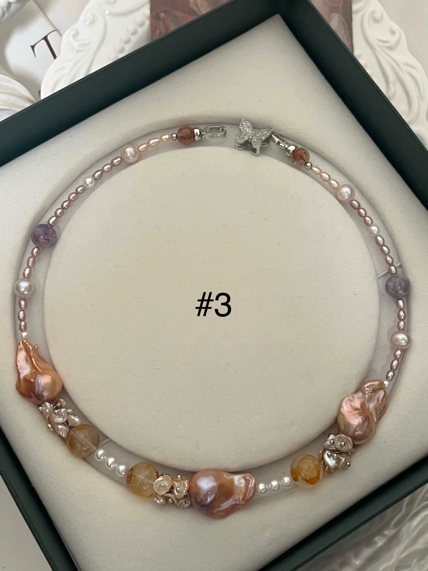 #PN1189 [Floral Series] Freshwater Pearl Necklace Zircon Butterfly Clasp Clover MOP Clasp Golden Lustrous Fishtail Baroque Fire Quartz Lepidolite Rose Quartz Cube Lace Pattern