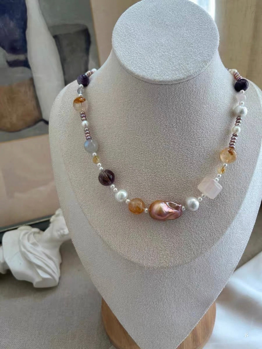 #PN1189 [Floral Series] Freshwater Pearl Necklace Zircon Butterfly Clasp Clover MOP Clasp Golden Lustrous Fishtail Baroque Fire Quartz Lepidolite Rose Quartz Cube Lace Pattern