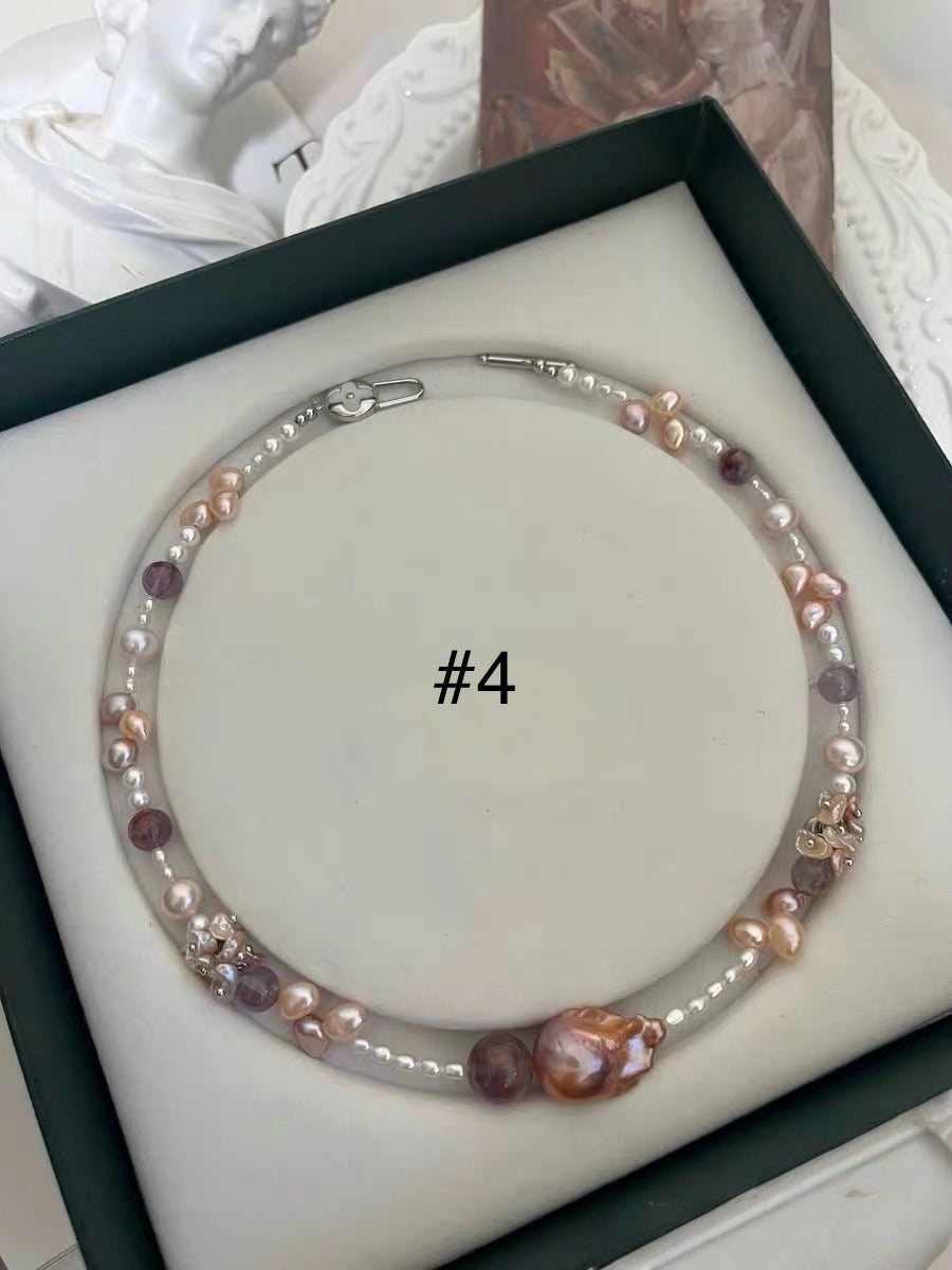 #PN1189 [Floral Series] Freshwater Pearl Necklace Zircon Butterfly Clasp Clover MOP Clasp Golden Lustrous Fishtail Baroque Fire Quartz Lepidolite Rose Quartz Cube Lace Pattern