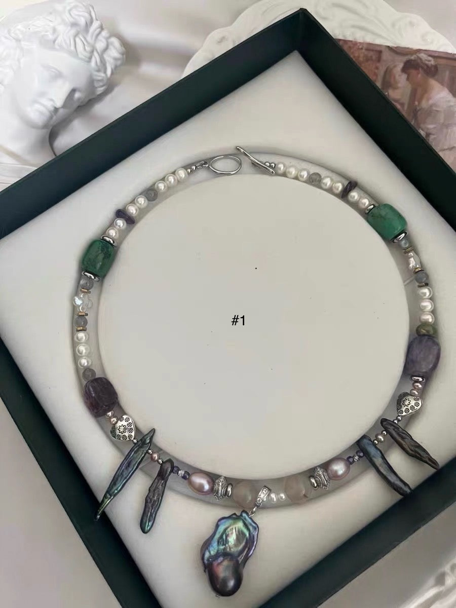 #PN1186 Freshwater Pearl Necklace Treated Black Colour Amethyst Freeform Agate Coin Petal Baroque