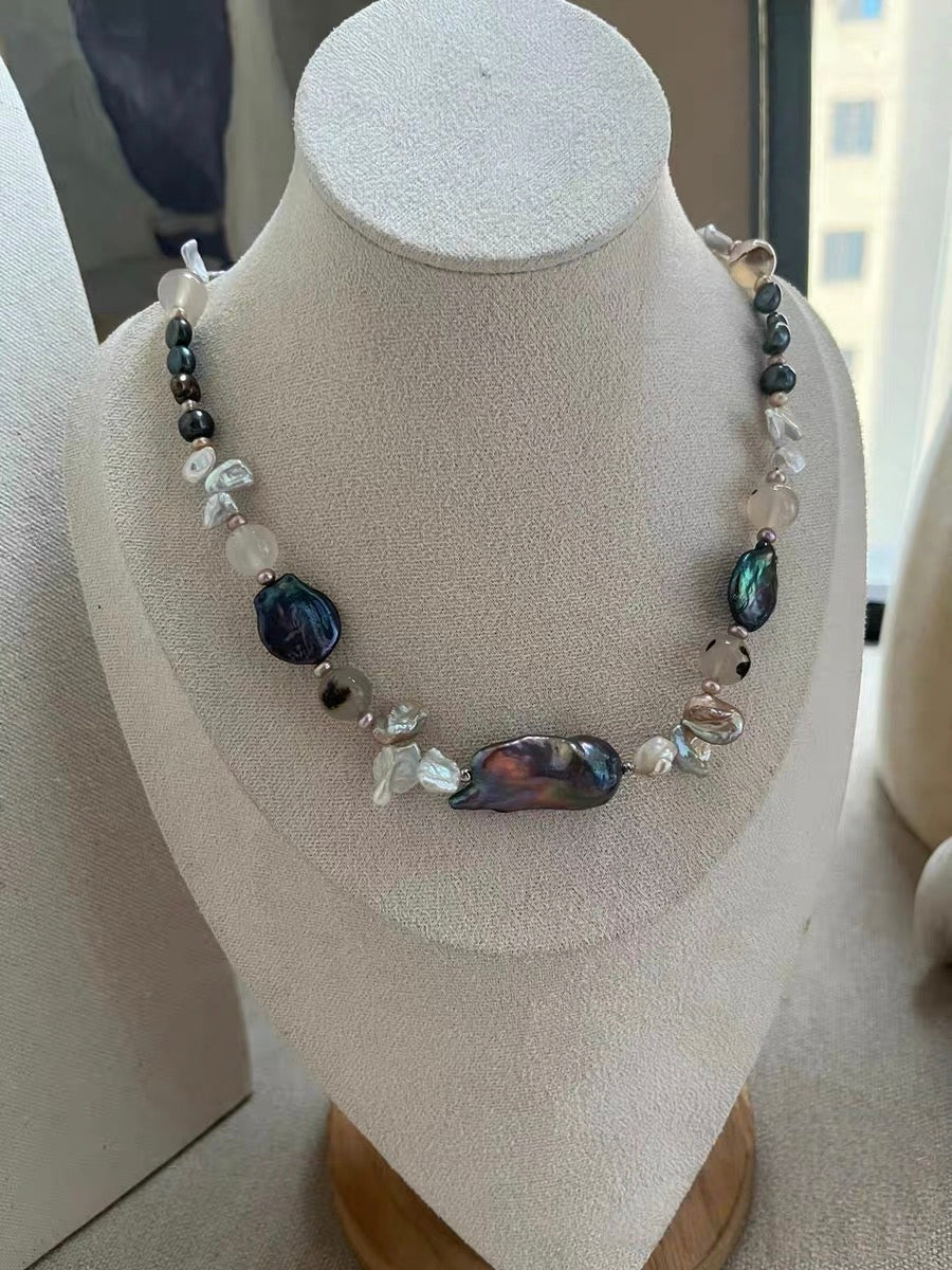 #PN1186 Freshwater Pearl Necklace Treated Black Colour Amethyst Freeform Agate Coin Petal Baroque