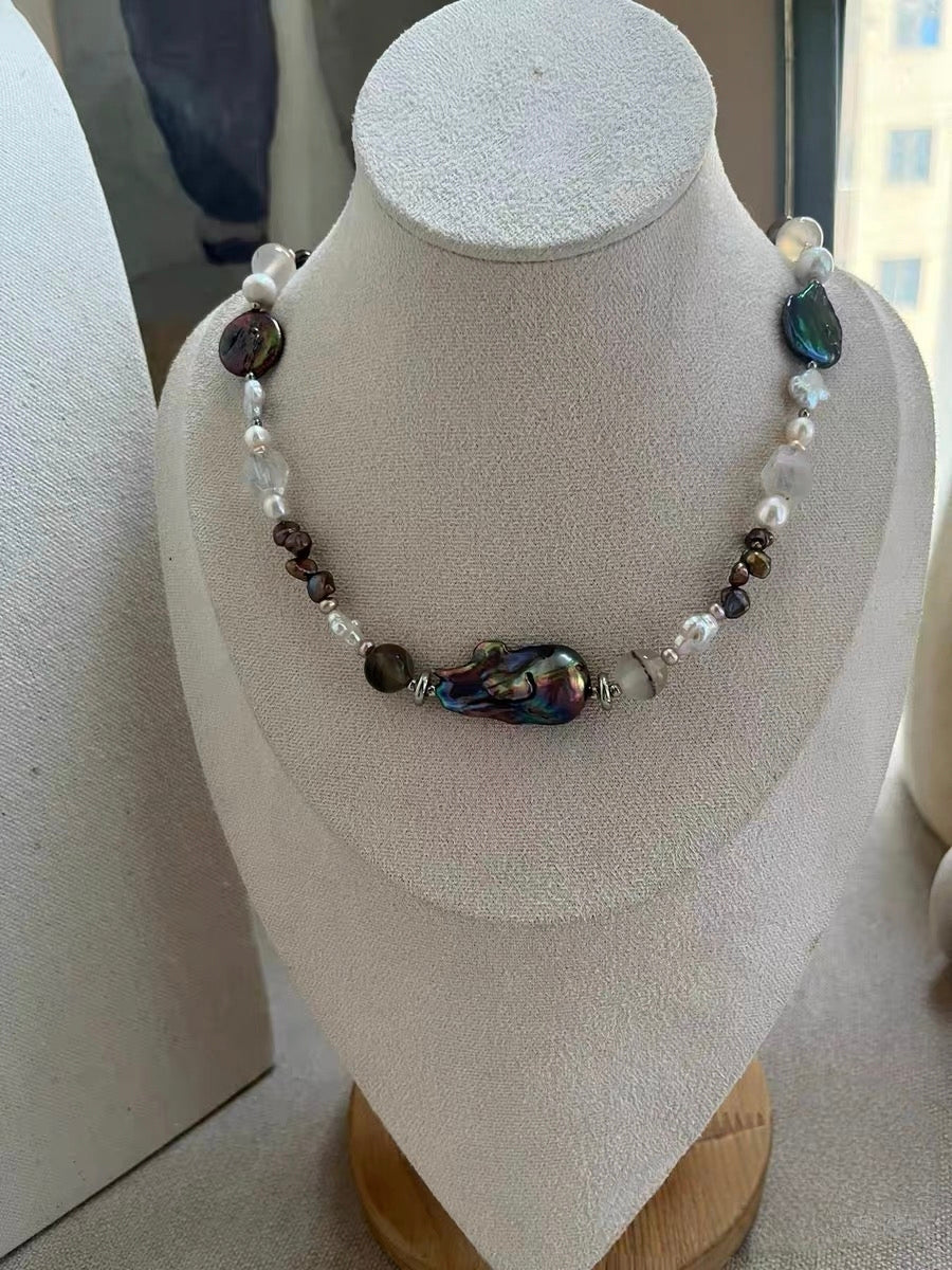 #PN1186 Freshwater Pearl Necklace Treated Black Colour Amethyst Freeform Agate Coin Petal Baroque