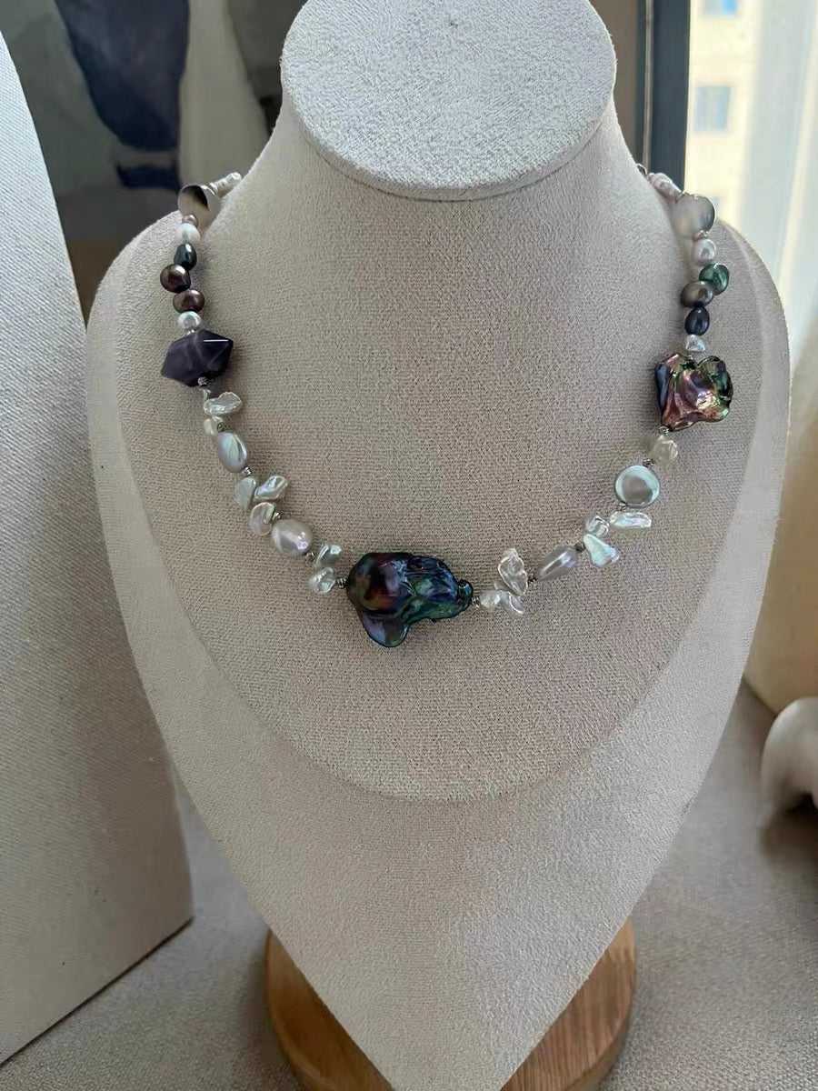 #PN1186 Freshwater Pearl Necklace Treated Black Colour Amethyst Freeform Agate Coin Petal Baroque