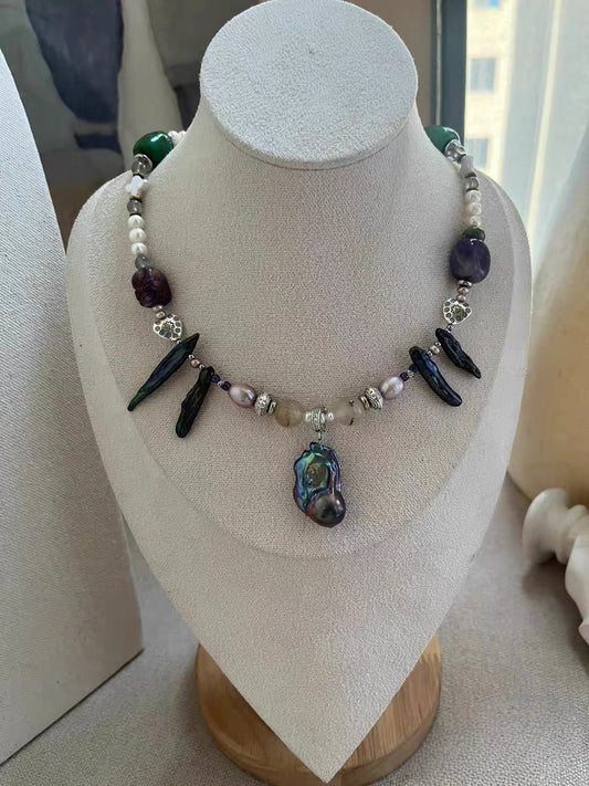 #PN1186 Freshwater Pearl Necklace Treated Black Colour Amethyst Freeform Agate Coin Petal Baroque