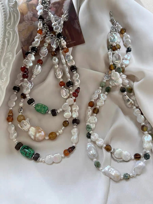 #PN1187 [Floral Series] Freshwater Pearl necklace Aurora Mirror Lustre Fused Hulu Baroque Turquoise Agate