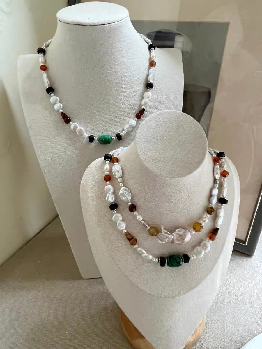 #PN1187 [Floral Series] Freshwater Pearl necklace Aurora Mirror Lustre Fused Hulu Baroque Turquoise Agate