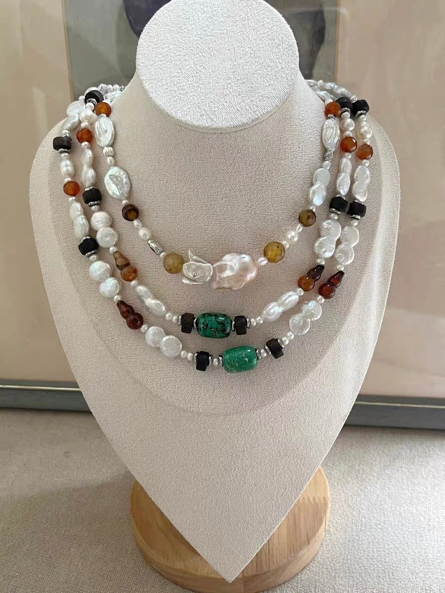 #PN1187 [Floral Series] Freshwater Pearl necklace Aurora Mirror Lustre Fused Hulu Baroque Turquoise Agate