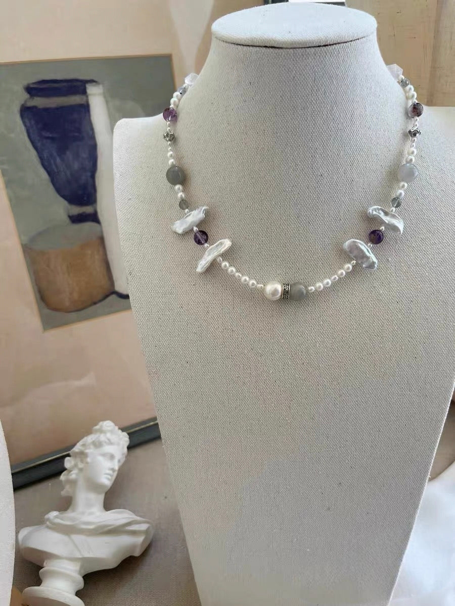 #PN1183 Freshwater Pearl Necklace Blue Grey Silver Petal Baroque Small Fishtail Baroque Aquamarine Grey Moonstone Super 7 Lapis Lazuli Kyanite