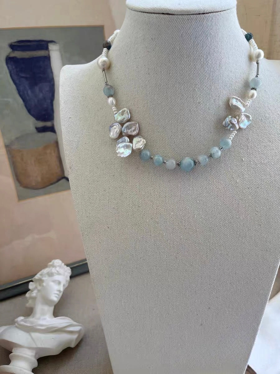 #PN1183 Freshwater Pearl Necklace Blue Grey Silver Petal Baroque Small Fishtail Baroque Aquamarine Grey Moonstone Super 7 Lapis Lazuli Kyanite