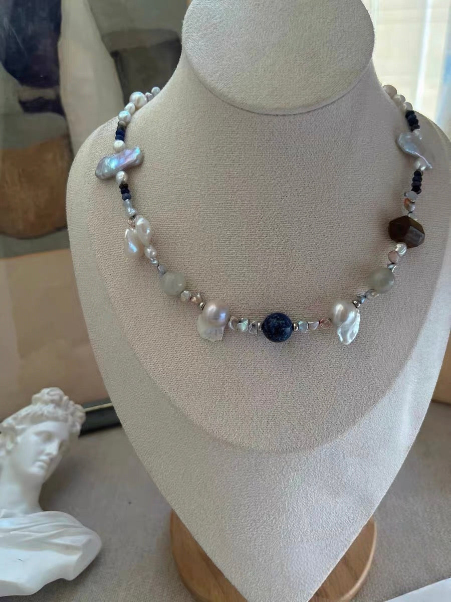 #PN1183 Freshwater Pearl Necklace Blue Grey Silver Petal Baroque Small Fishtail Baroque Aquamarine Grey Moonstone Super 7 Lapis Lazuli Kyanite